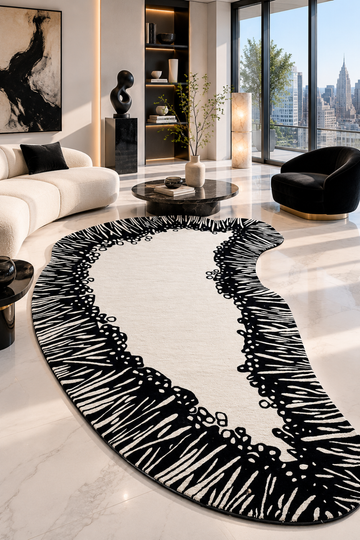 Luxury Midnight Coral Organic Rug styled in a modern designer living room featuring sculptural furniture and contemporary decor.