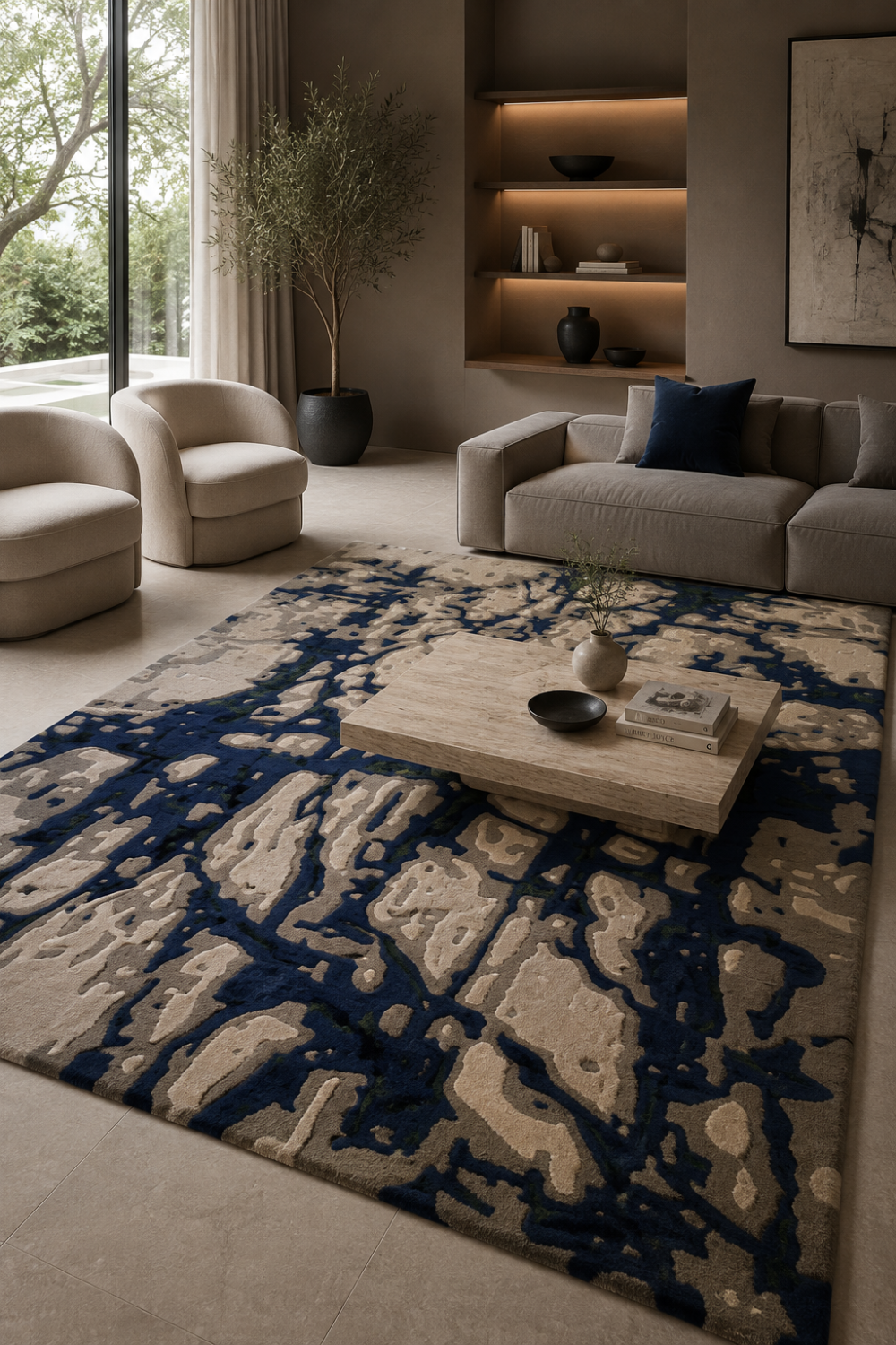 Midnight Current navy abstract rug styled in a contemporary living room with neutral furniture