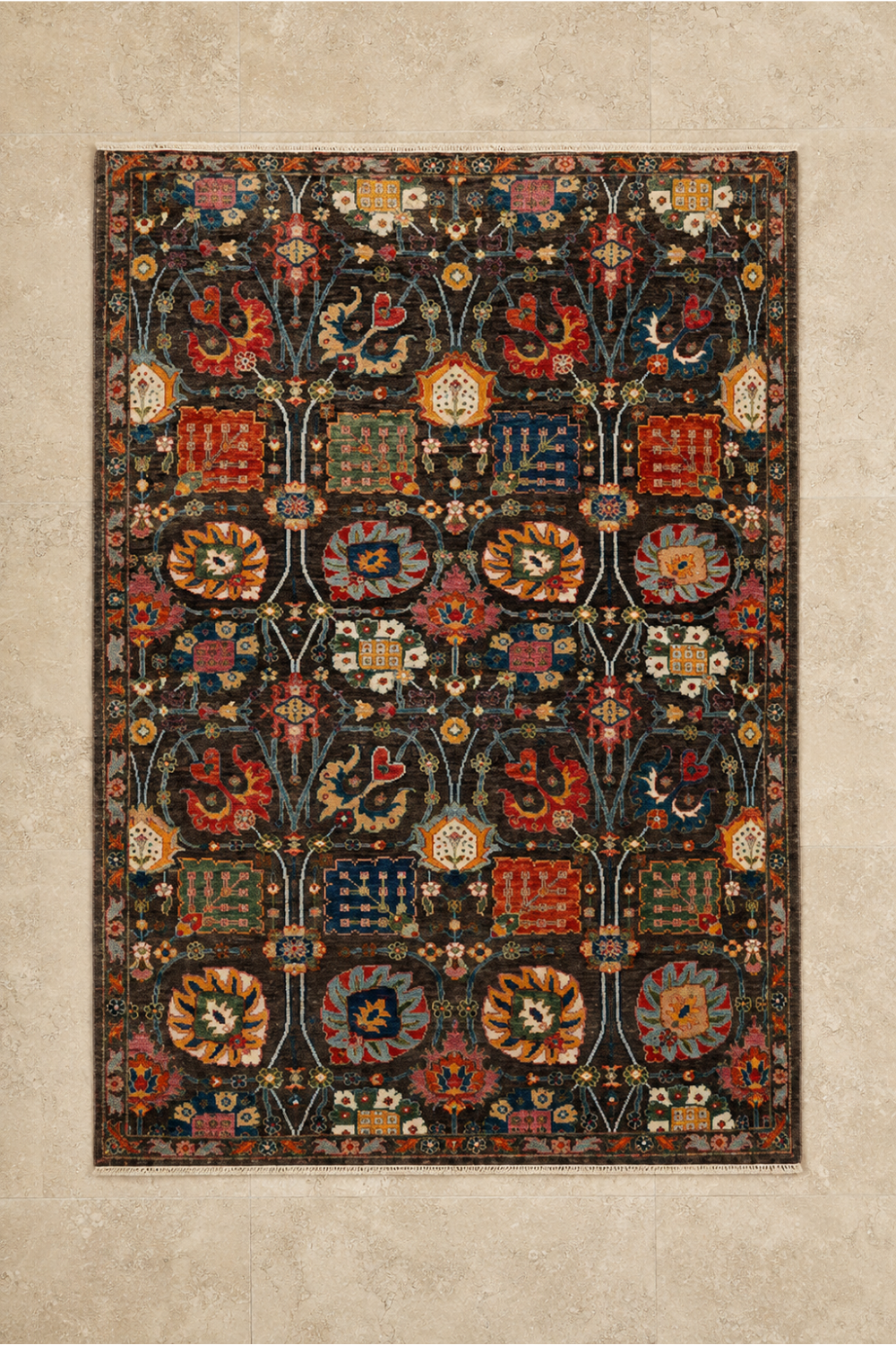 Midnight Garden Traditional Hand Knotted Rug featuring an espresso brown background with richly detailed floral lattice motifs and premium hand-knotted wool construction.