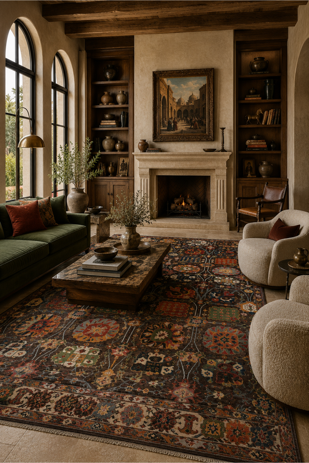 Midnight Garden Traditional Hand Knotted Rug styled in an elegant luxury living room featuring intricate Persian-inspired botanical motifs and premium artisan craftsmanship.