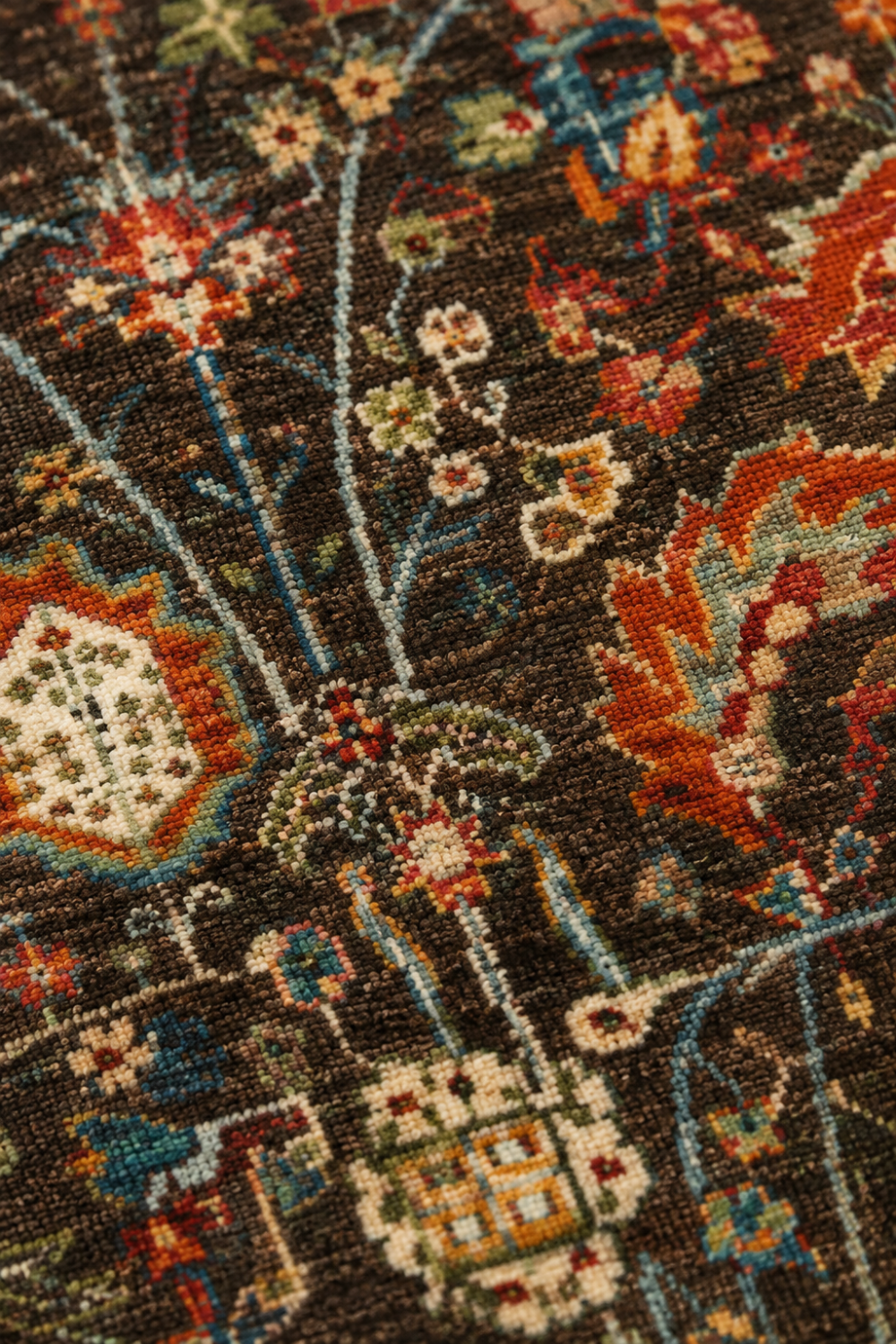 Close-up of the Midnight Garden Traditional Hand Knotted Rug showcasing dense hand knots, premium New Zealand wool fibres, intricate floral detailing, and luxurious handcrafted texture.