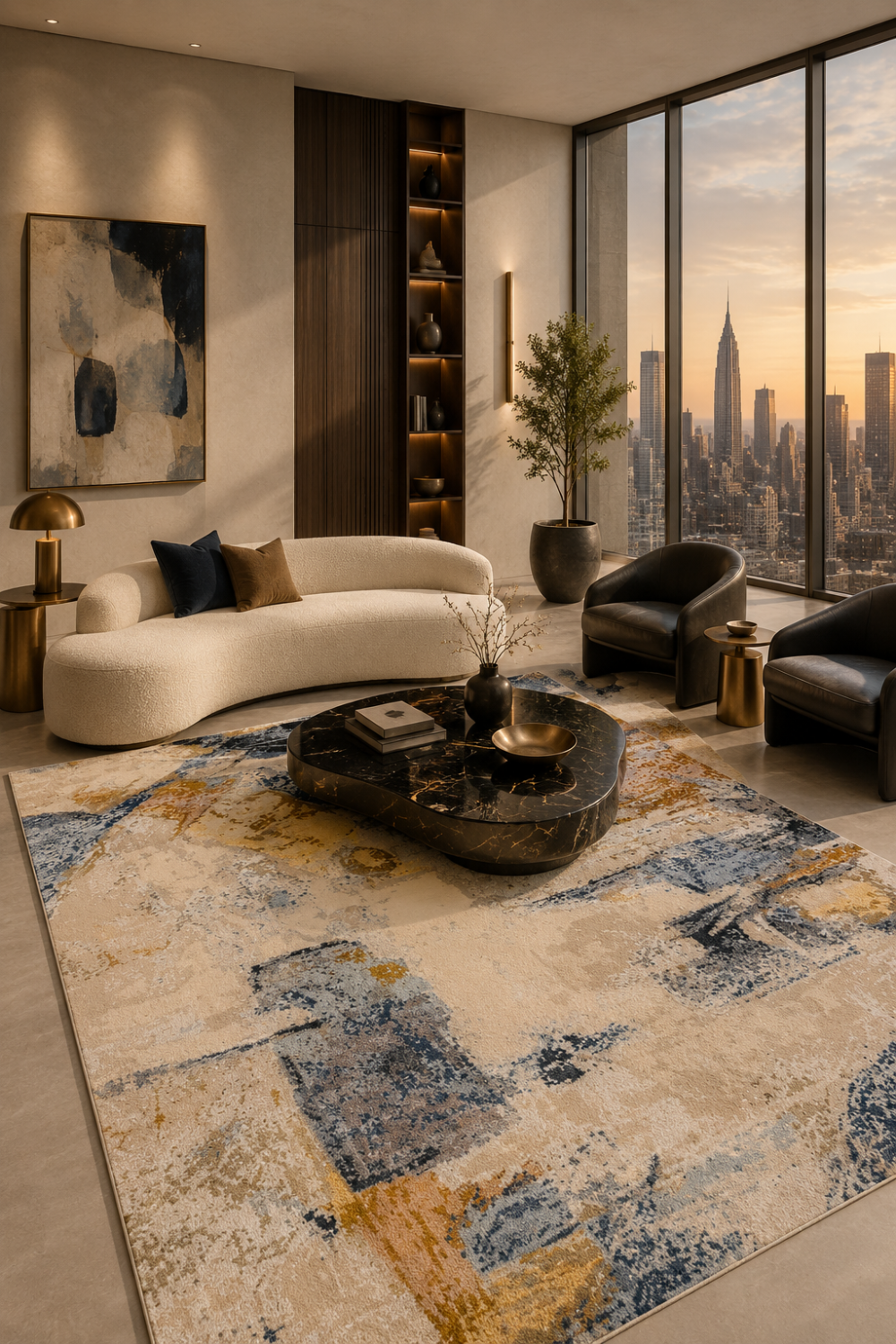 Midnight Horizon hand knotted abstract wool and bamboo silk luxury rug styled in a contemporary designer living room with premium furniture and city skyline views.