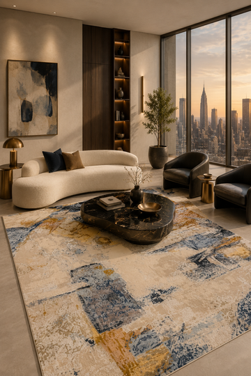 Midnight Horizon hand knotted abstract wool and bamboo silk luxury rug styled in a contemporary designer living room with premium furniture and city skyline views.