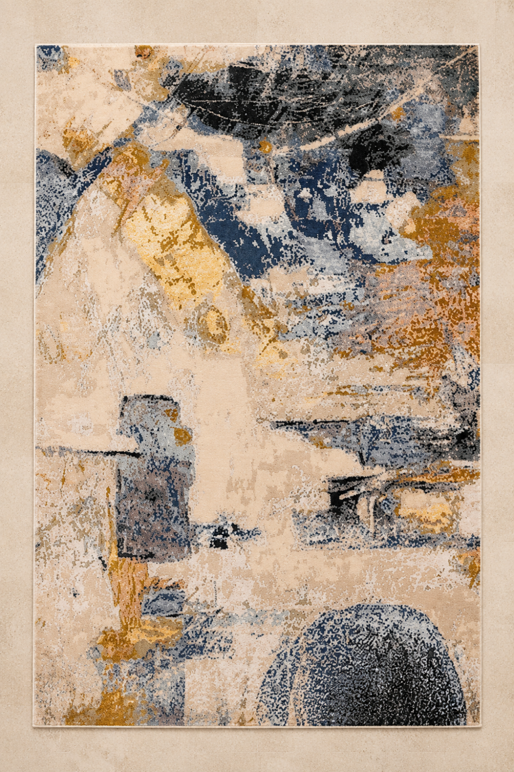 Midnight Horizon hand knotted abstract wool and bamboo silk luxury rug styled in a contemporary designer living room with premium furniture and city skyline views.