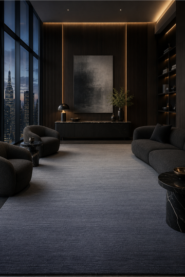 Midnight Horizon luxury handloom New Zealand wool rug with silver grey to charcoal blue ombre shading styled in a contemporary luxury living room