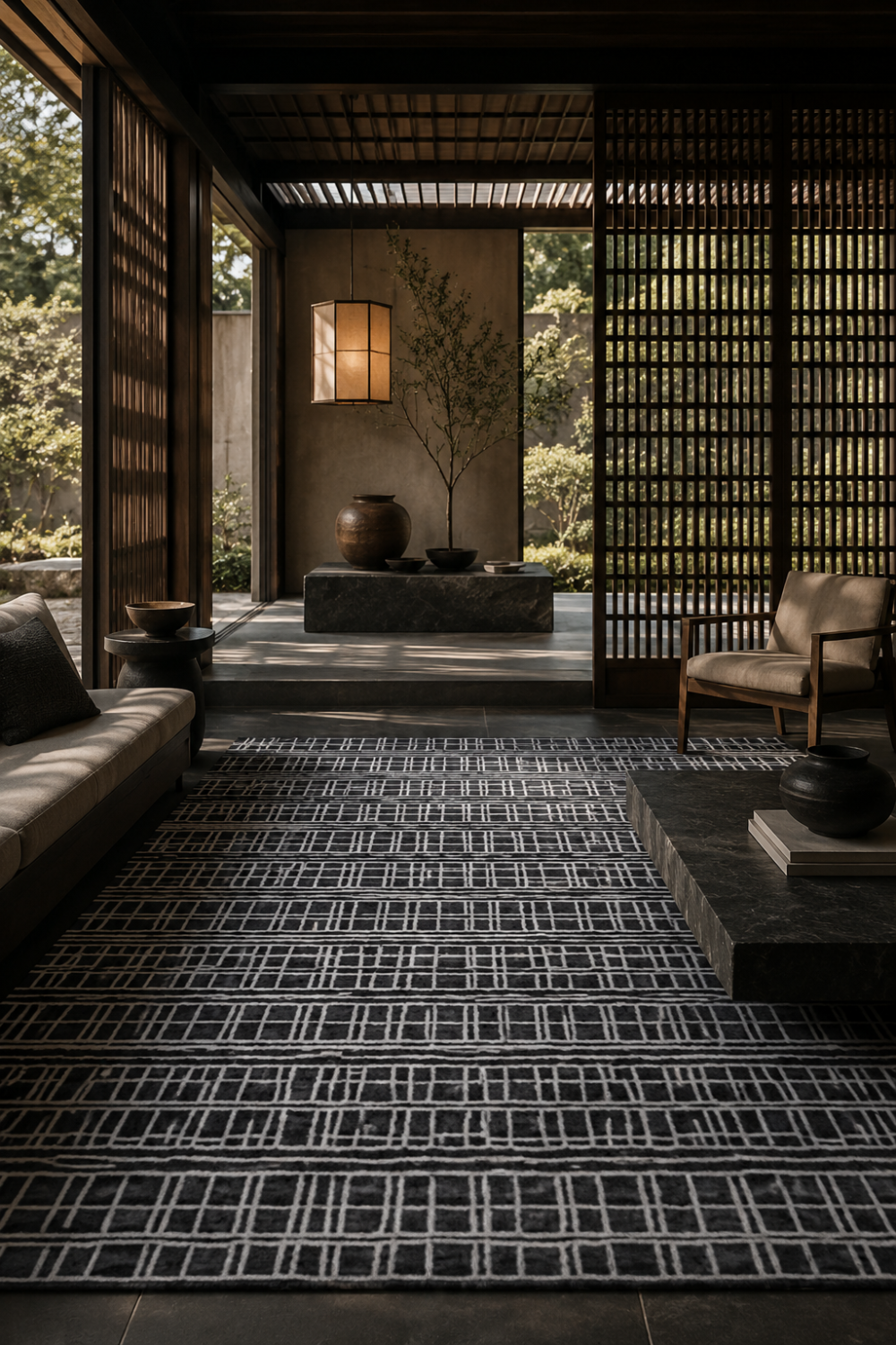 Midnight Lattice luxury handloom wool and viscose black contemporary area rug styled in a minimalist Japandi living room with refined architectural interiors