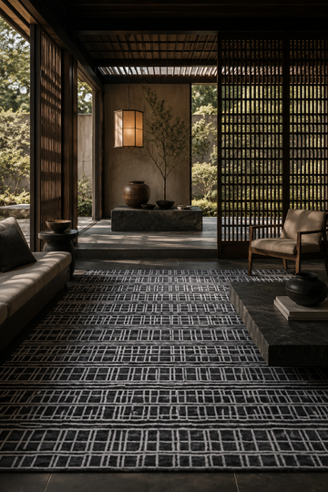 Midnight Lattice luxury handloom wool and viscose black contemporary area rug styled in a minimalist Japandi living room with refined architectural interiors