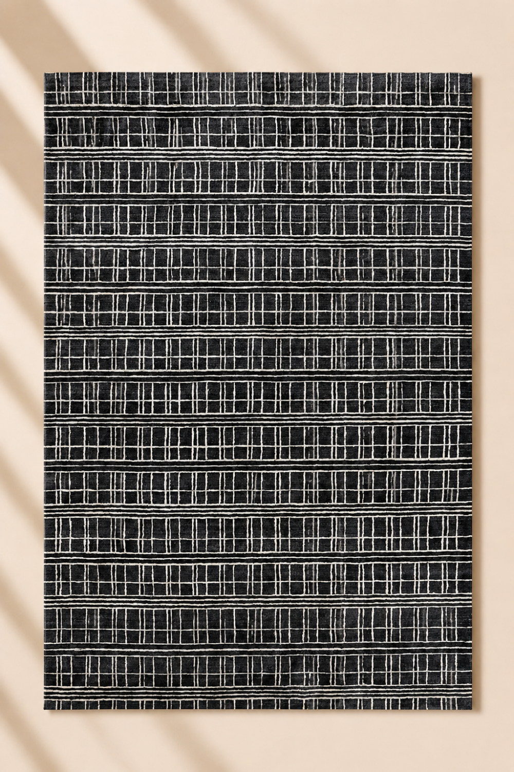 Midnight Lattice handloom New Zealand wool and viscose contemporary black area rug featuring an intricate ivory lattice pattern