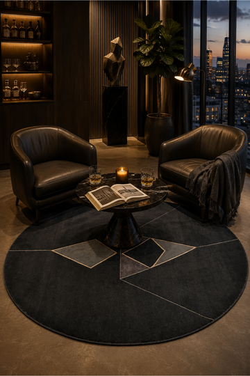 Midnight Prism Round Hand Knotted Rug styled in a luxury contemporary lounge with dark wood interiors and sophisticated modern furniture.
