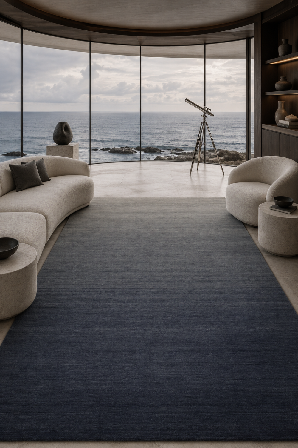 Midnight Tide luxury handloom New Zealand wool grey and navy ombre area rug styled in a contemporary oceanfront living room