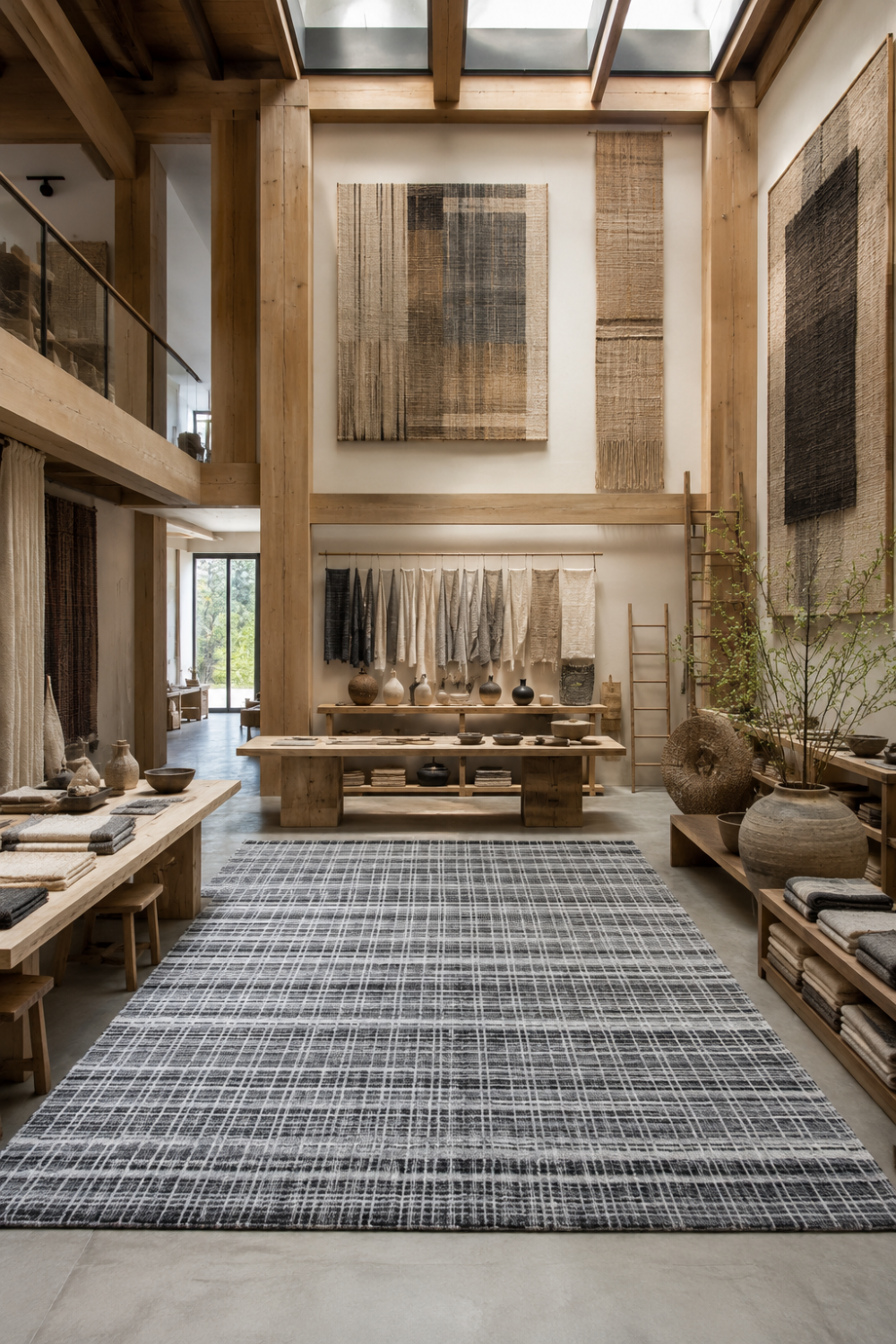 Midnight Weave luxury handloom wool and viscose contemporary grid rug styled inside a premium designer textile showroom with modern interiors