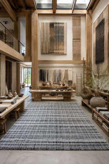 Midnight Weave luxury handloom wool and viscose contemporary grid rug styled inside a premium designer textile showroom with modern interiors