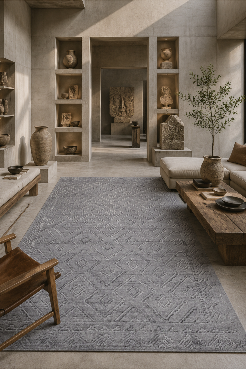 Mist Haven luxury handloom over hand tufted New Zealand wool mist grey geometric area rug styled in a contemporary organic modern living room
