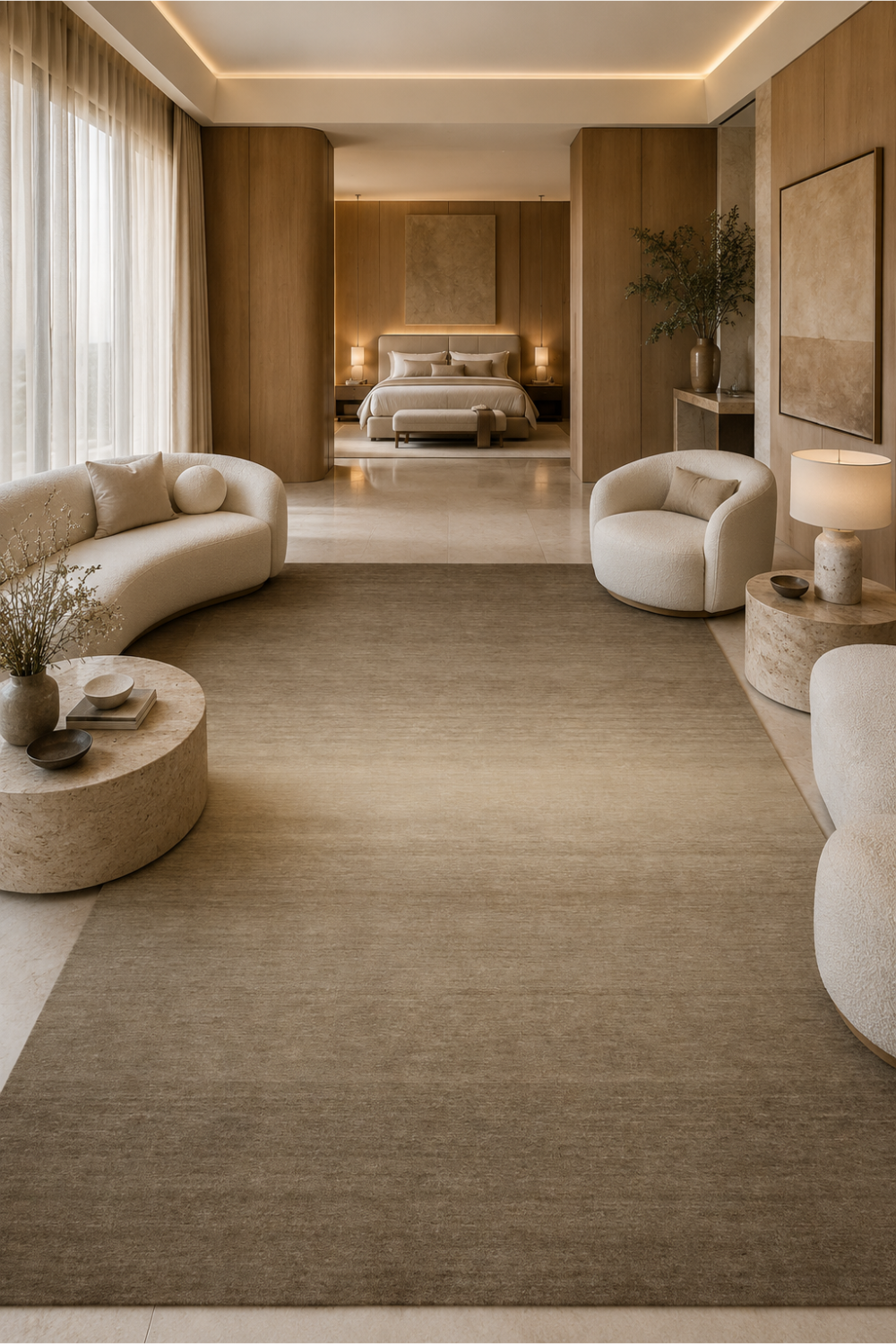 Mocha Horizon luxury handloom New Zealand wool gradient rug styled in a modern luxury bedroom with warm neutral interiors