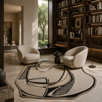 Modern abstract designer rug and carpet styled in a sophisticated private reading room
