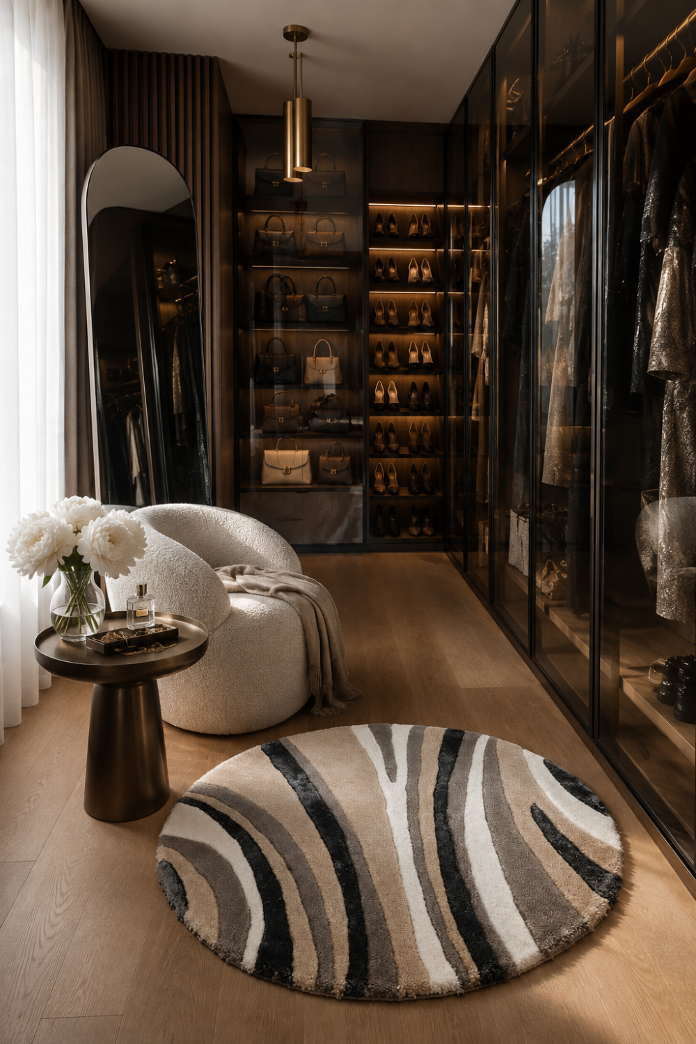 Monochrome Flow Round Hand Tufted Rug styled in a luxury walk-in wardrobe with contemporary furnishings and warm ambient lighting.