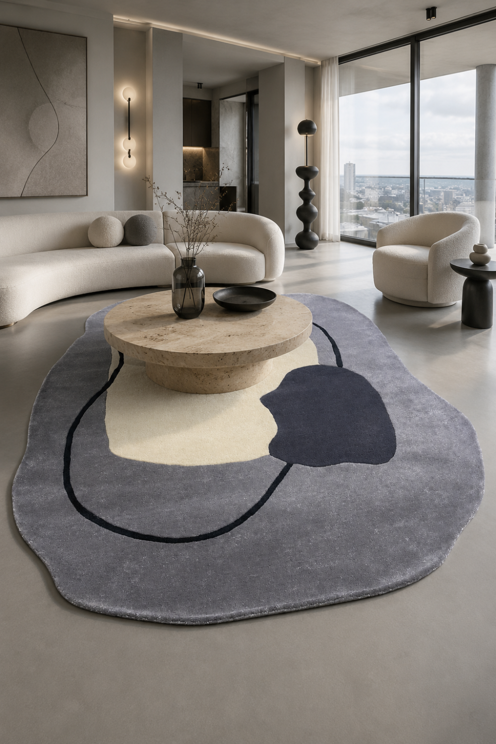 Luxury Moonstone Abstract Organic Rug styled in a contemporary designer living room with sculptural furniture and modern decor.