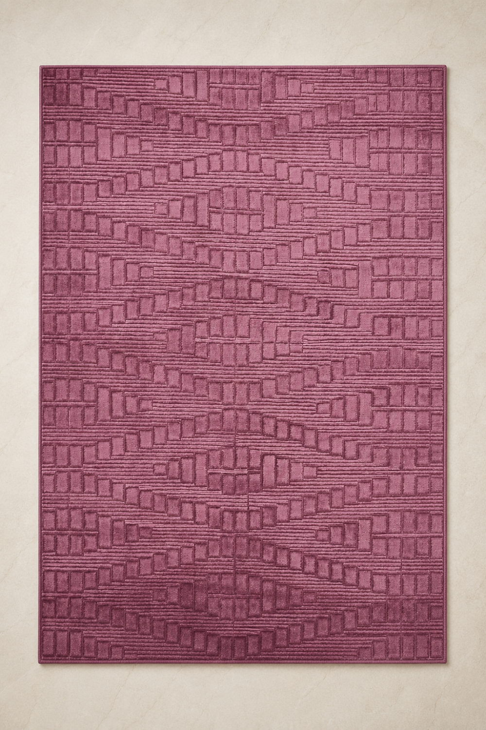 Mulberry Matrix Rug in Handloom Viscose Tencel Bamboo displayed in a contemporary luxury living room featuring a handcrafted embossed linear block self-design.