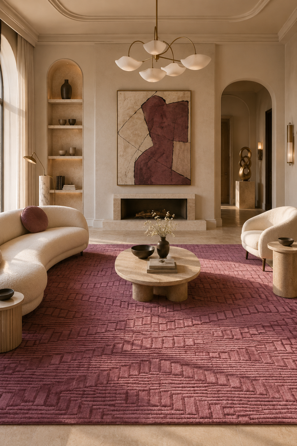 Mulberry Matrix Rug in Handloom Viscose Tencel Bamboo displayed in a contemporary luxury living room featuring a handcrafted embossed linear block self-design.