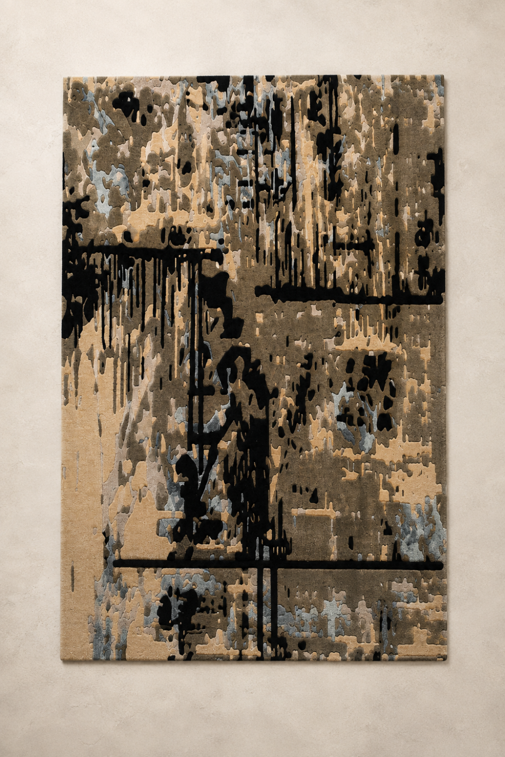 Noir Structure abstract rug styled in a sophisticated modern study with dark wood furniture, neutral seating and warm ambient lighting