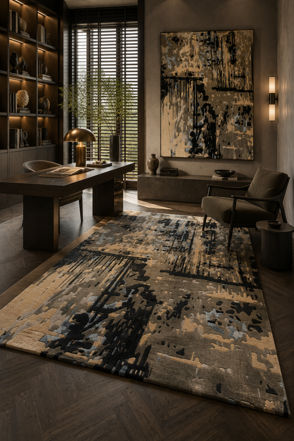 Close-up of Noir Structure abstract rug showing tactile hand-tufted pile with black, taupe, beige and muted blue-grey detailing