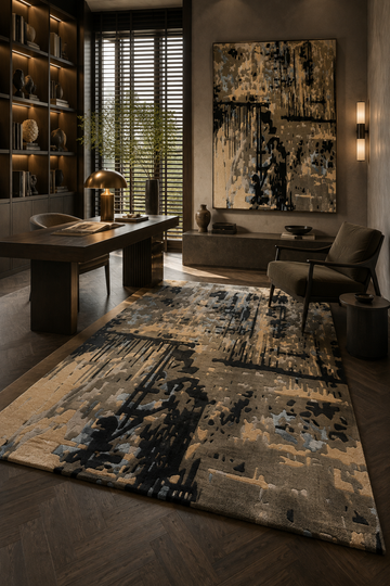 Close-up of Noir Structure abstract rug showing tactile hand-tufted pile with black, taupe, beige and muted blue-grey detailing