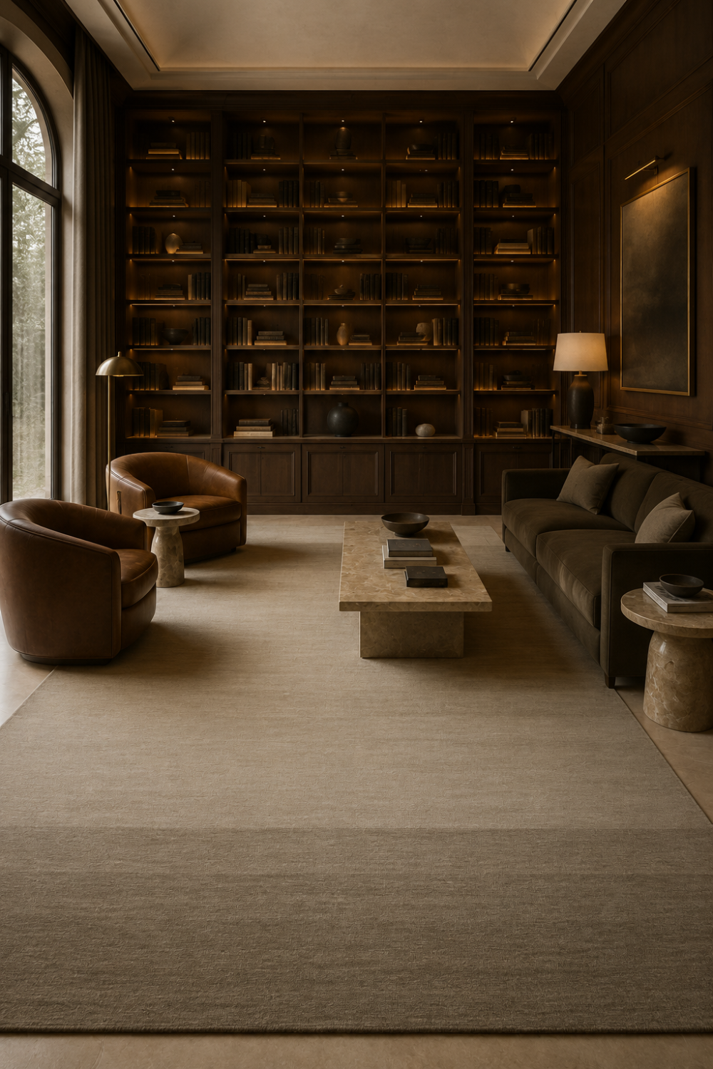 Oat Horizon luxury handloom New Zealand wool rug featuring soft tonal shading and warm neutral colours styled in a luxury contemporary library