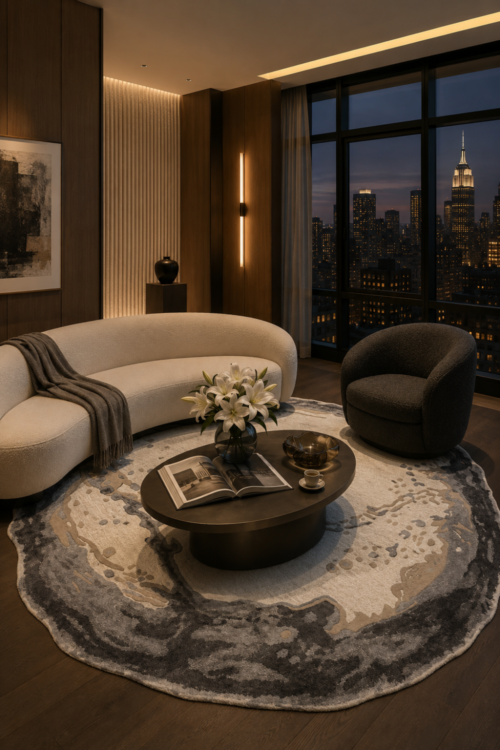 Obsidian Halo Round Rug styled in a contemporary luxury living room with curved seating, dark wood furniture, and panoramic city skyline views.