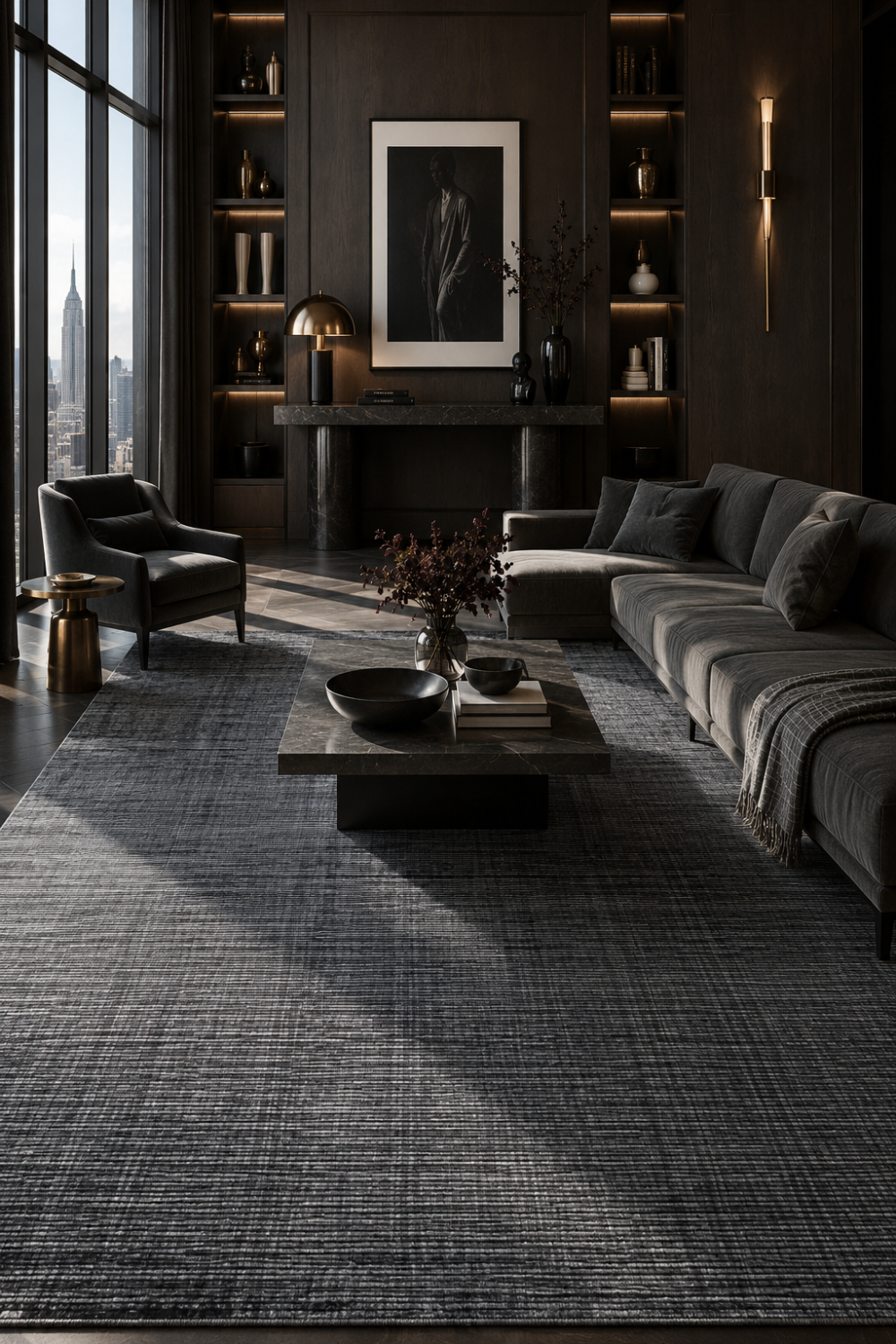 Obsidian Weave Handloom Plain Viscose rug styled in a luxury modern living room featuring a charcoal grey textured woven design.