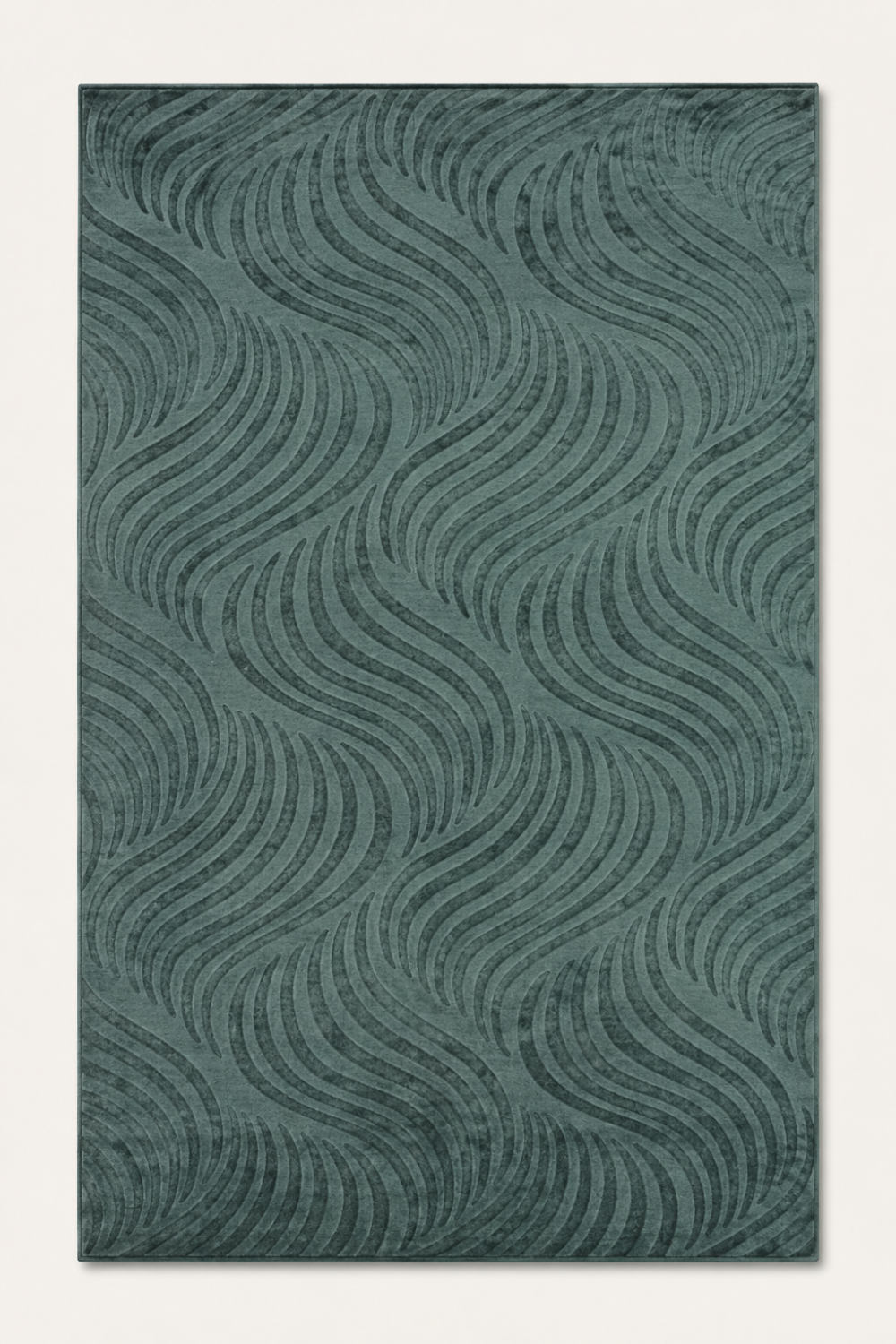 Ocean Current Rug handcrafted in Handloom Viscose Tencel Bamboo with an all-over flowing wave self-design in a muted blue-green colour.