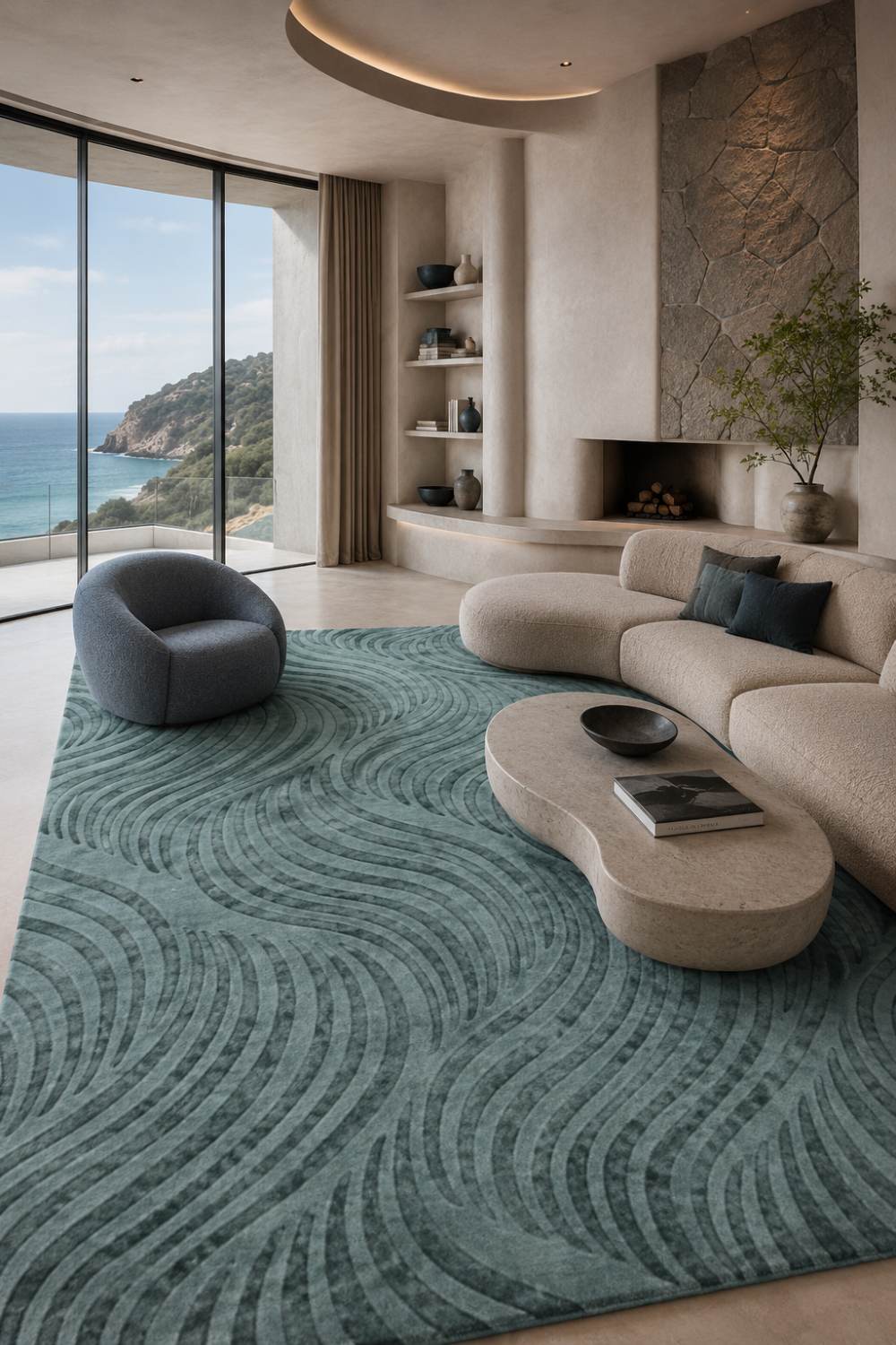 Ocean Current Rug in Handloom Viscose Tencel Bamboo displayed in a contemporary luxury living room featuring an embossed flowing wave self-design and handcrafted finish.