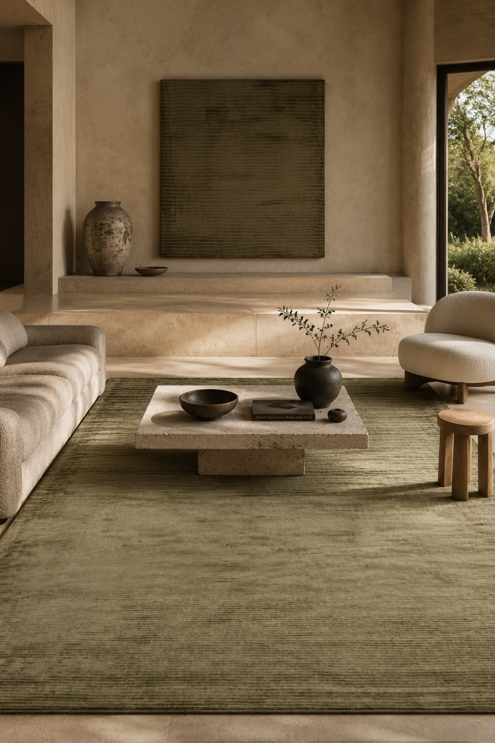 Olive Horizon Handloom Plain Viscose rug styled in a modern luxury living room featuring an elegant olive-green textured design.
