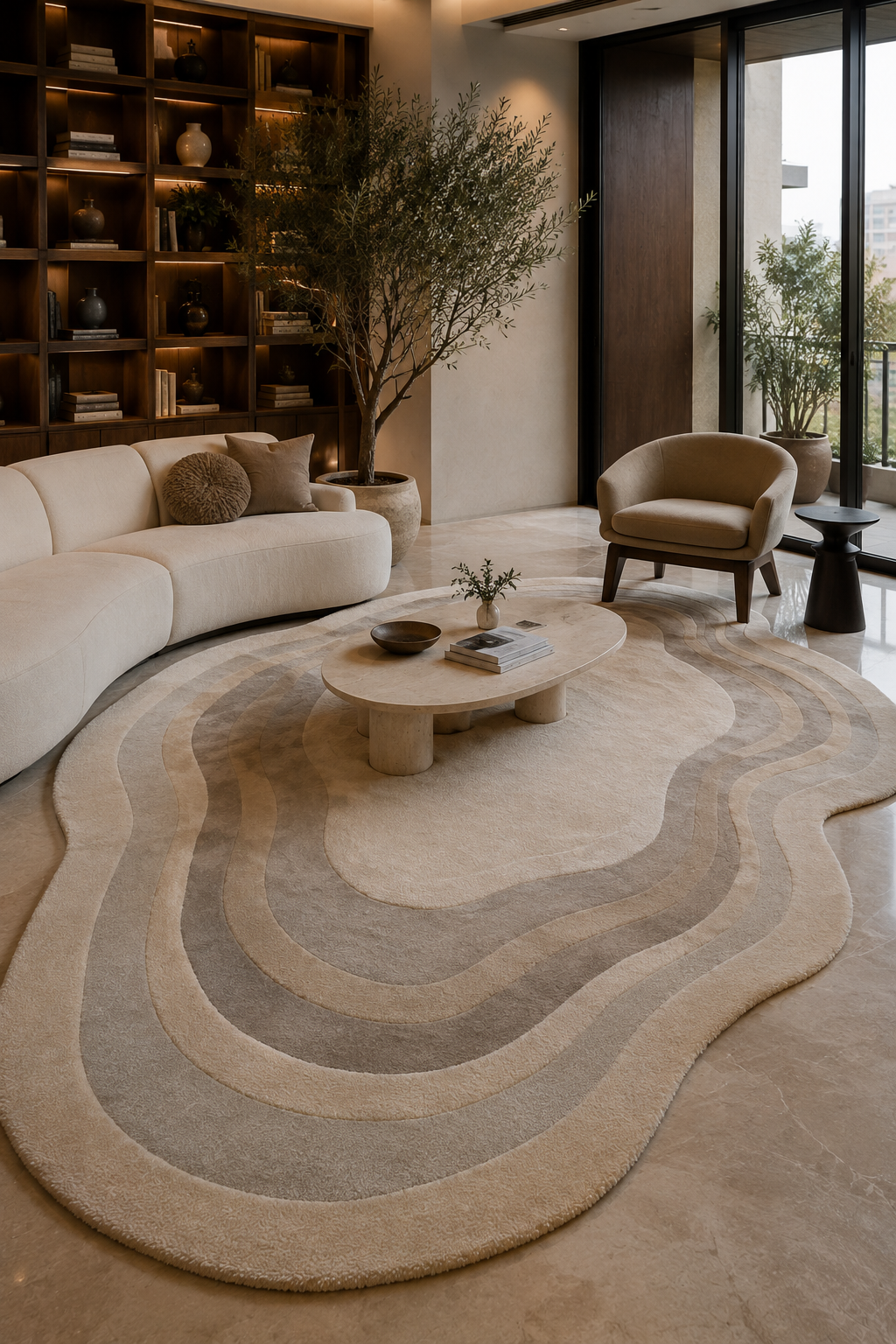 Organic Contour Hand Tufted Irregular Rug styled in a contemporary neutral living room with curved furniture