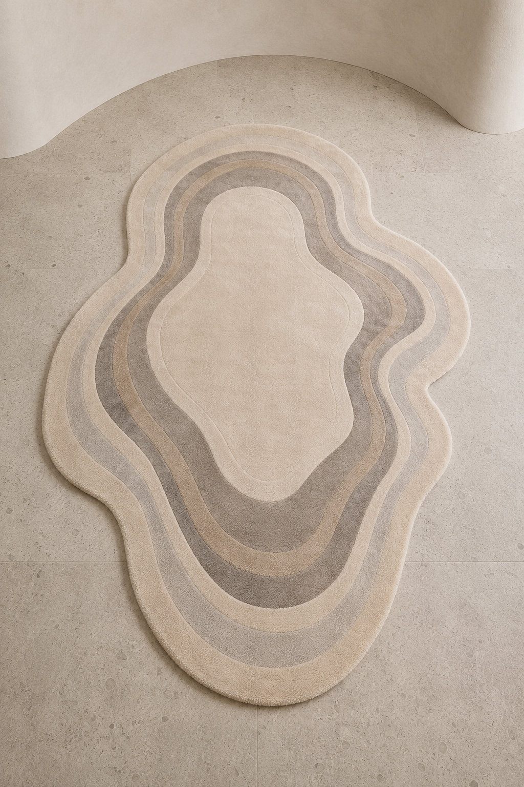 Organic Contour Hand Tufted Irregular Rug with layered beige, ivory and grey flowing contour bands