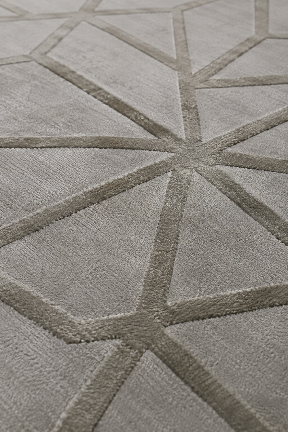 Close-up of the Platinum Prism Rug showing carved geometric prism detailing, raised texture, and luxurious Handloom Viscose Tencel Bamboo craftsmanship.