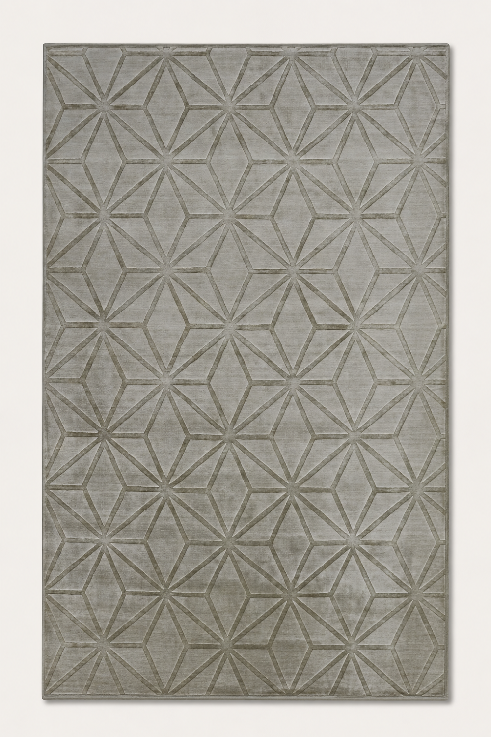 Platinum Prism Rug handcrafted in Handloom Viscose Tencel Bamboo with a repeating geometric prism self-design in a platinum-grey colour.