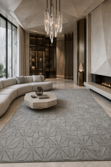 Platinum Prism Rug in Handloom Viscose Tencel Bamboo displayed in a contemporary luxury living room featuring an embossed geometric self-design and handcrafted finish.