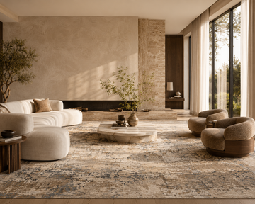 Luxury handcrafted rug in a contemporary designer living room showcasing timeless interior design philosophy