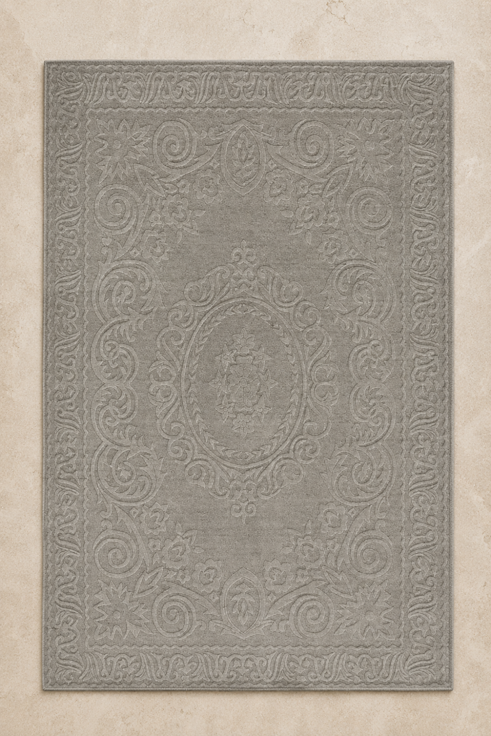 Regal Baroque Medallion Rug in Handloom Viscose Tencel Bamboo styled in a luxurious classical living room featuring ornate carved floral patterns and decorative borders.