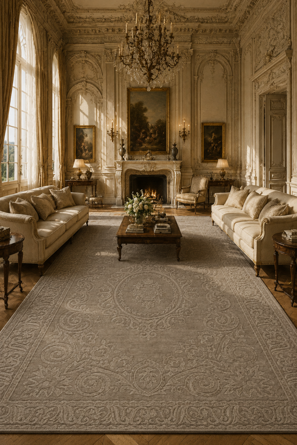 Regal Baroque Medallion Rug in Handloom Viscose Tencel Bamboo styled in a luxurious classical living room featuring ornate carved floral patterns and decorative borders.