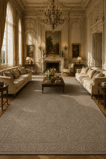 Regal Baroque Medallion Rug in Handloom Viscose Tencel Bamboo styled in a luxurious classical living room featuring ornate carved floral patterns and decorative borders.