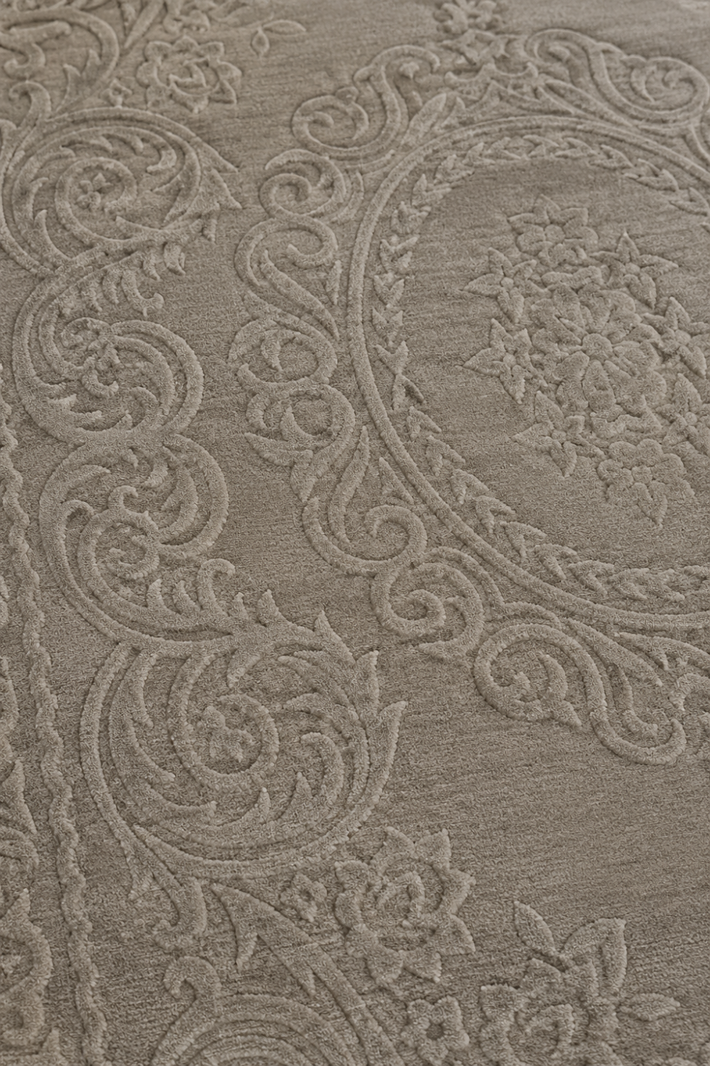 Close-up of the Regal Baroque Medallion Rug highlighting the raised floral carvings, ornamental scrollwork, and premium Handloom Viscose Tencel Bamboo craftsmanship.