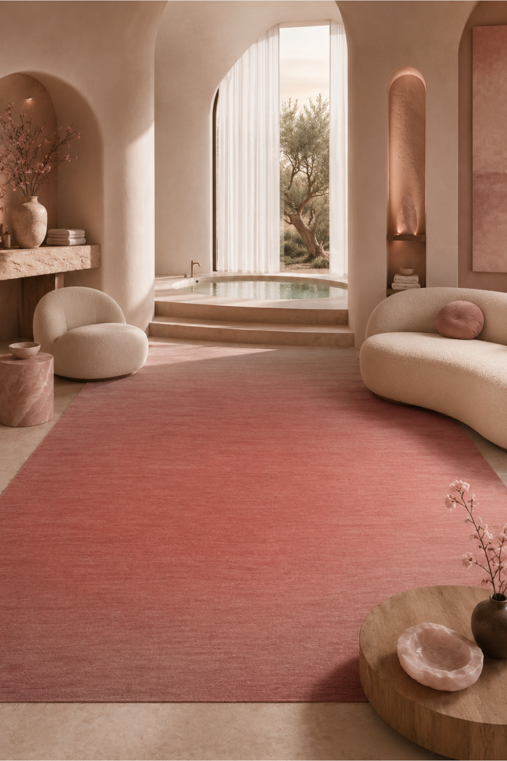 Rose Dusk luxury handloom New Zealand wool pink ombre area rug styled in a warm contemporary spa-inspired living room