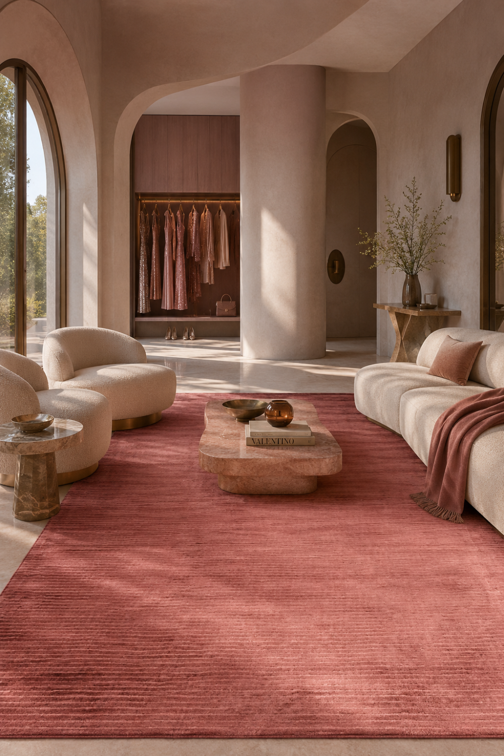 Rose Ember Handloom Plain Viscose rug styled in a contemporary luxury living room featuring dusty rose tones and handcrafted ribbed texture.