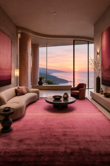 Rose Horizon luxury handloom Tencel ombre pink area rug styled in a contemporary living room overlooking the ocean at sunset