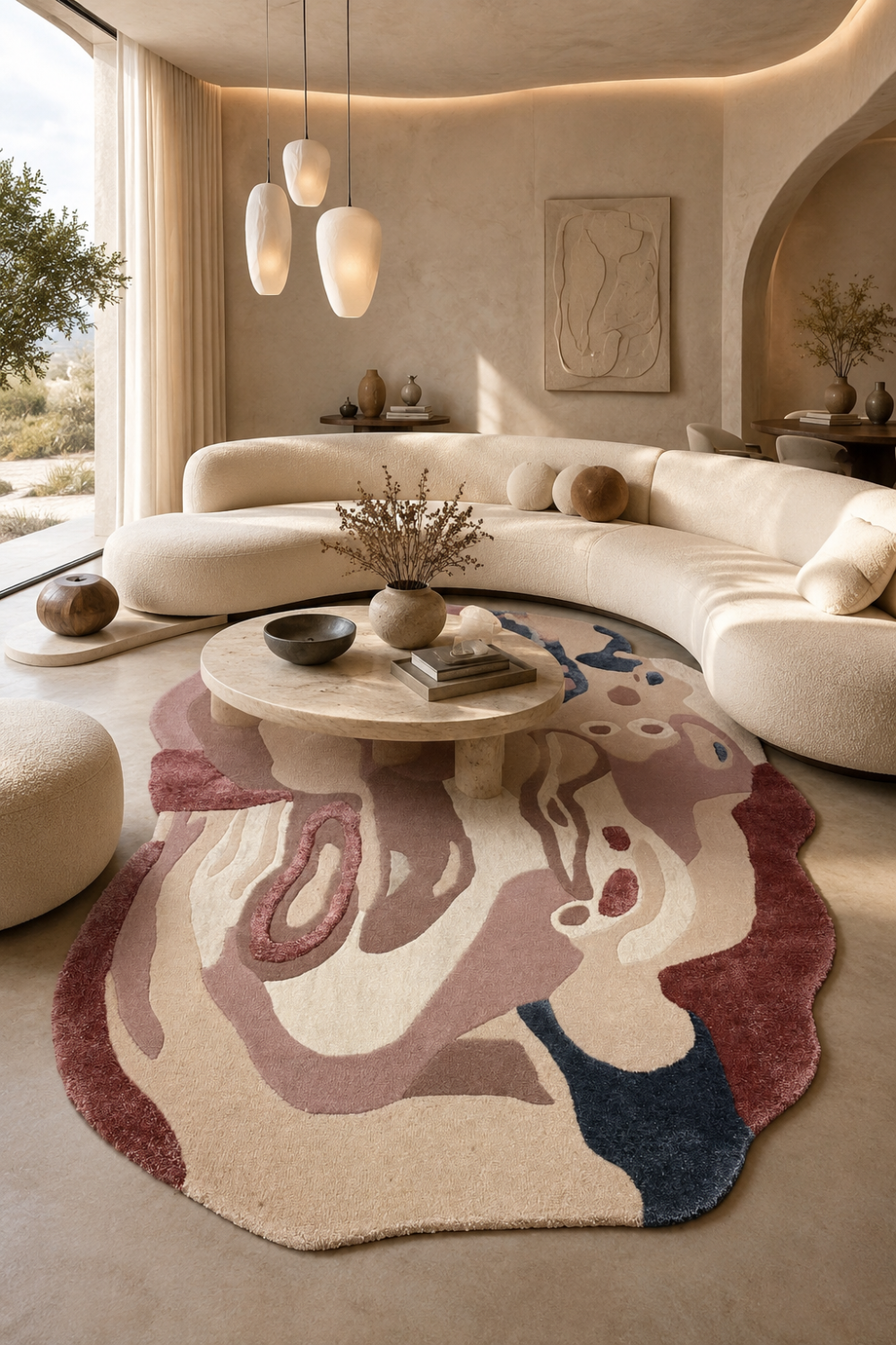 Rosé Mirage luxury abstract hand tufted rug in modern designer living room featuring organic shape and sculpted texture
