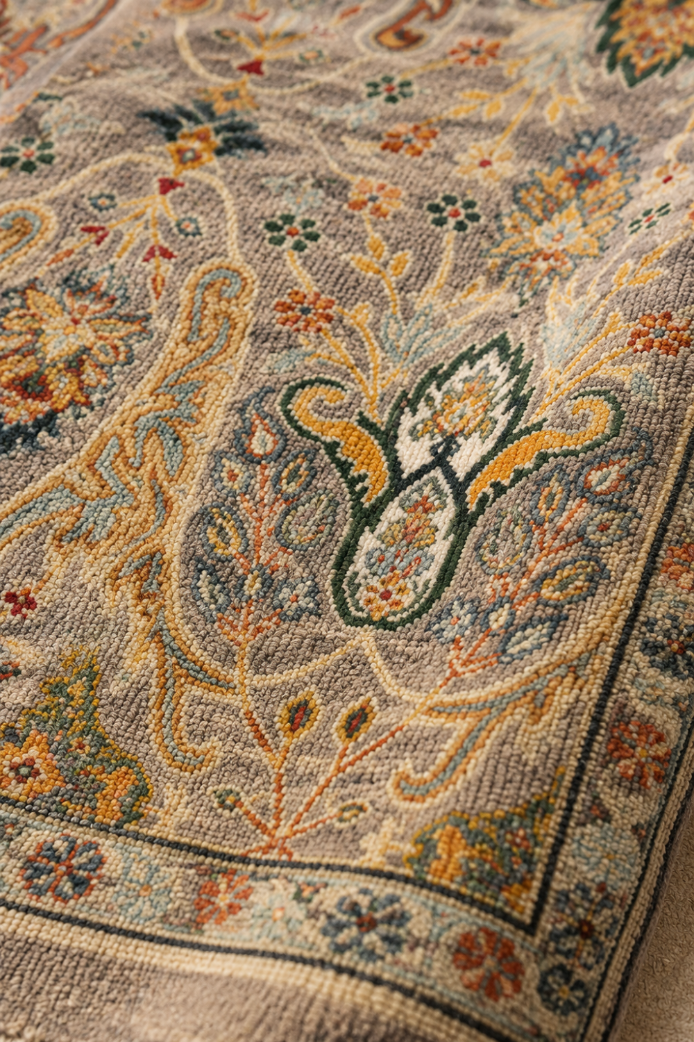 Close-up texture of the Royal Kashan Botanical Traditional Area Rug showcasing intricate hand-knotted weave, botanical detailing, and premium wool craftsmanship.
