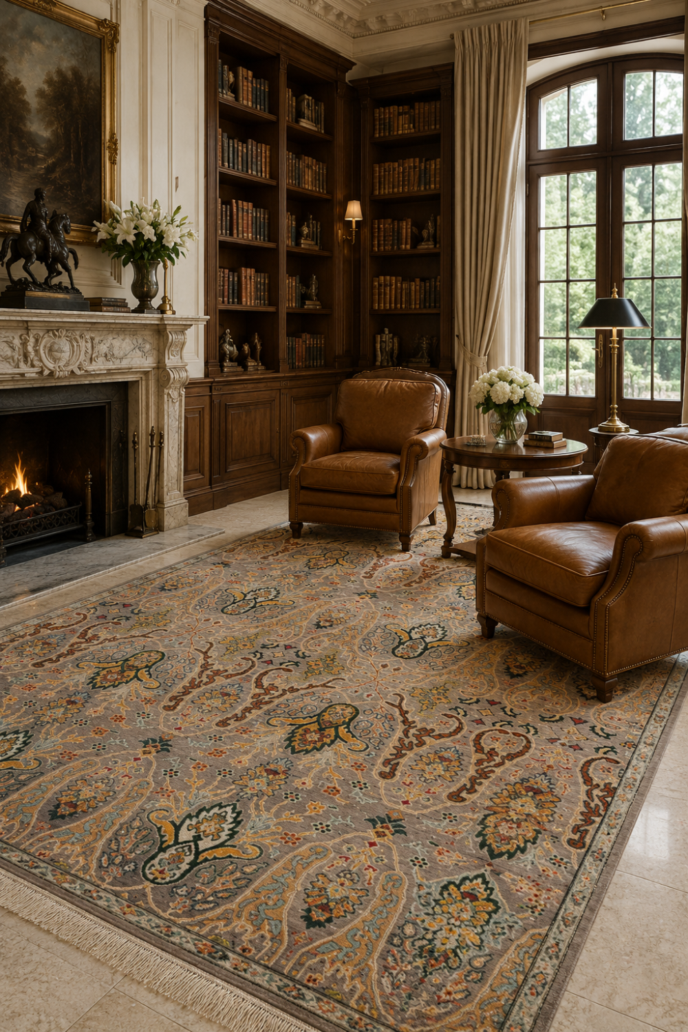 Royal Kashan Botanical Traditional Area Rug styled in a luxury library featuring elegant Persian floral motifs, paisley patterns, and handcrafted heritage craftsmanship.