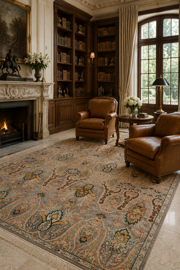 Royal Kashan Botanical Traditional Area Rug styled in a luxury library featuring elegant Persian floral motifs, paisley patterns, and handcrafted heritage craftsmanship.