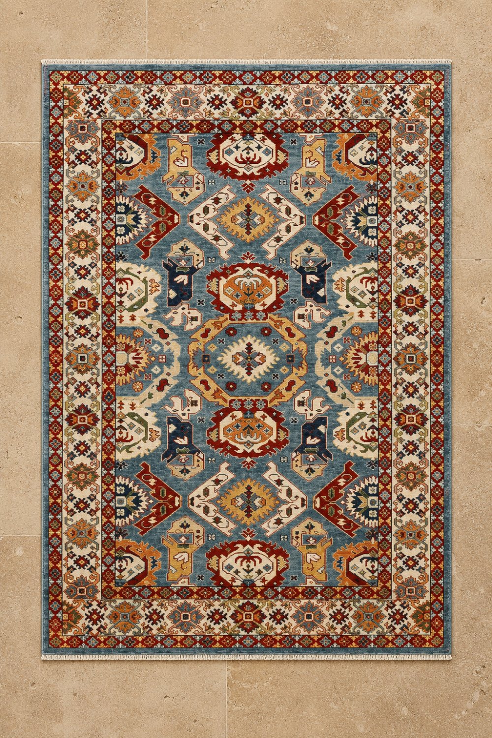 Royal Kazak Tribal Traditional Area Rug featuring traditional Caucasian geometric medallions, tribal motifs, and premium hand-knotted craftsmanship.